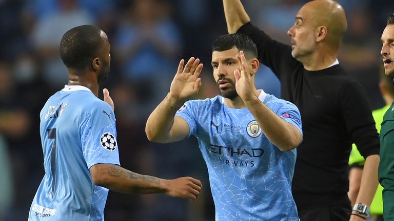 Sergio Aguero comes on for his final Man City appearance in the Champions League final