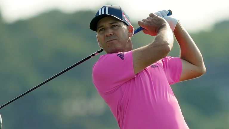 Sergio Garcia, of Spain, watches his tee shot on the 11th hole during a practice round at the PGA Championship