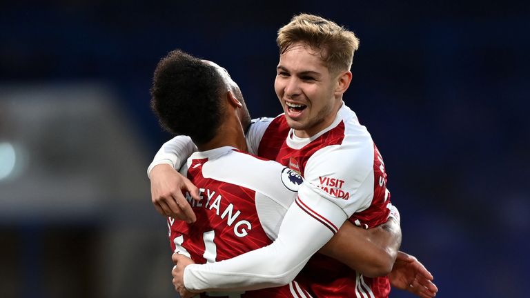 Emile Smith Rowe and Pierre-Emerick Aubameyang celebrate Arsenal's goal against Chelsea