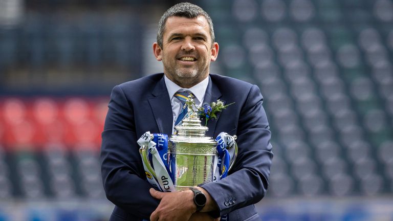 St Johnstone manager Callum Davidson pictured with the Scottish Cup trophy after their victory over Hibernian in the final at Hampden Park