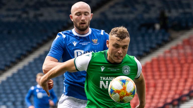 St Johnstone's Chris Kane and Hibernian's Ryan Porteous in action during the Scottish Cup final at Hampden Park