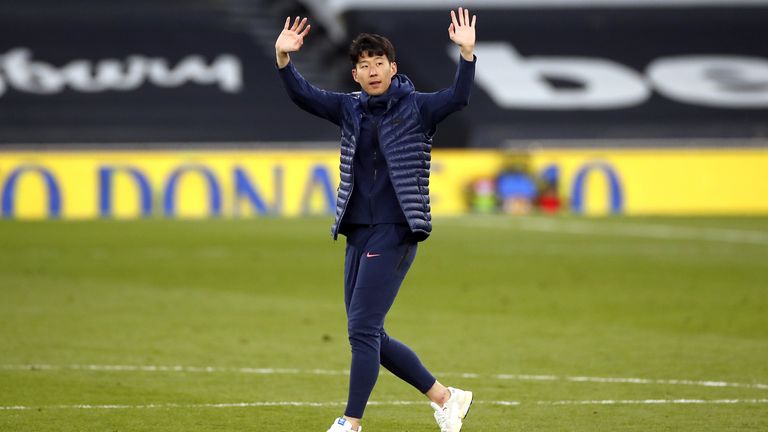 Heung-min Son waves to Tottenham fans after his side's defeat to Aston Villa
