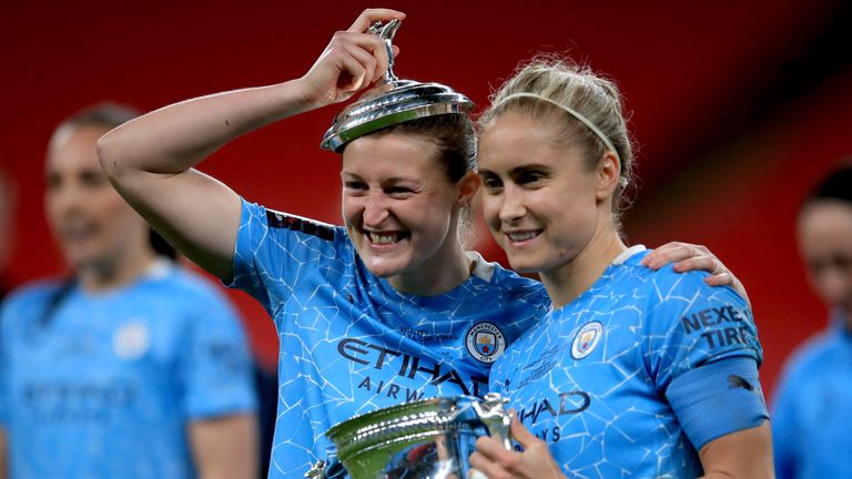 Manchester City's Ellen White (left) and Steph Houghton celebrate with the trophy after winning the Women's FA Cup Final at Wembley Stadium, London (Nov 2020)