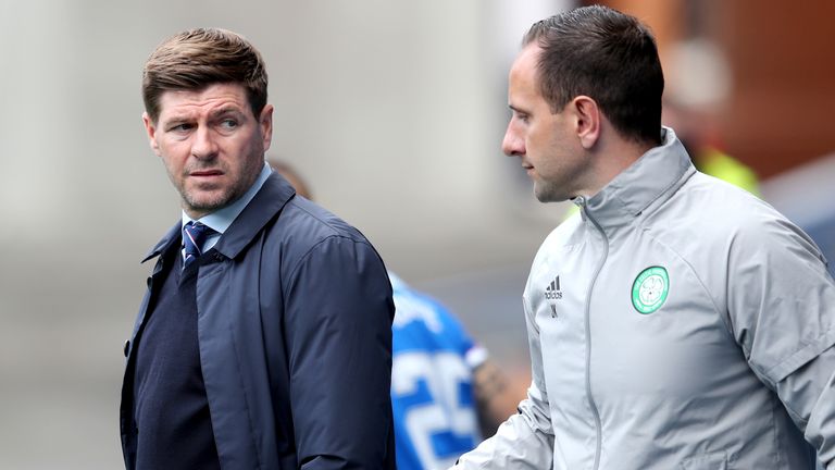 Rangers v Celtic - Scottish Premiership - Ibrox Stadium
Rangers manager Steven Gerrard (left) and Celtic manager John Kennedy during the Scottish Premiership match at Ibrox Stadium, Glasgow. Issue date: Sunday May 2, 2021.