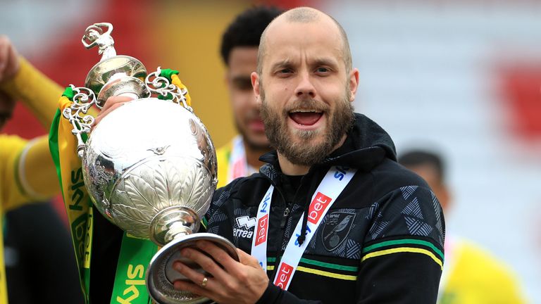 Teemu Pukki of Norwich City with the Sky Bet Championship trophy