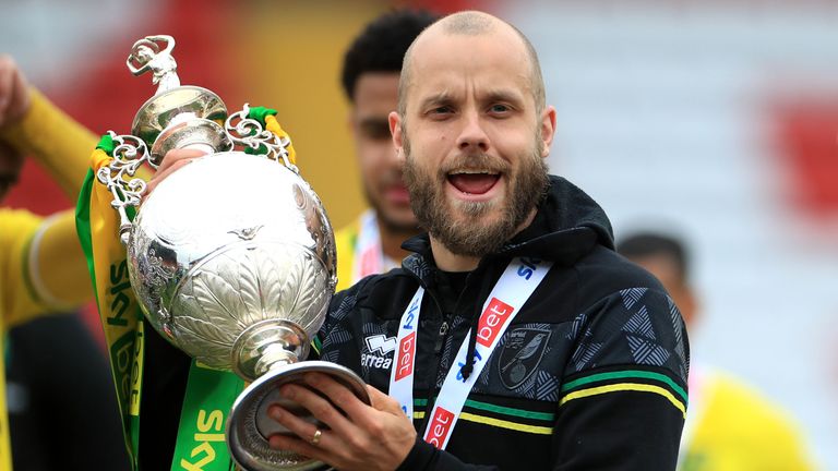 Teemu Pukki of Norwich City with the Sky Bet trophy