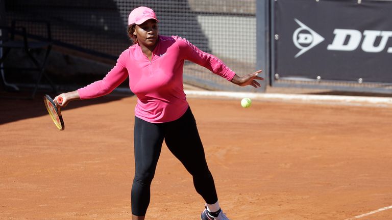 Serena Williams returns the ball during a training session at the Italian Open tennis tournament, in Rome, Monday, May 10, 2021. (AP Photo/Gregorio Borgia)


