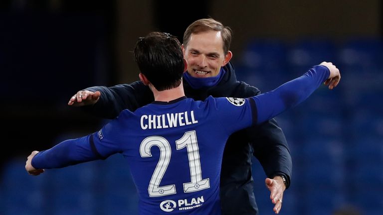 Thomas Tuchel celebrates with Ben Chilwell after Chelsea made it to the Champions League final