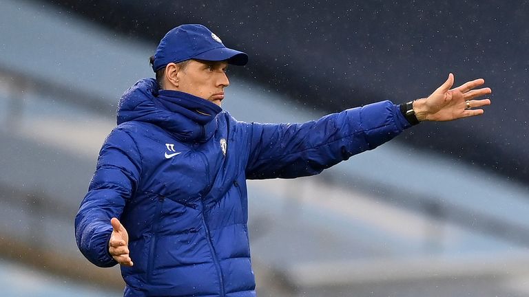 Chelsea&#39;s head coach Thomas Tuchel gestures during the English Premier League soccer match between Manchester City and Chelsea at the Etihad Stadium in Manchester, Saturday, May 8, 2021.