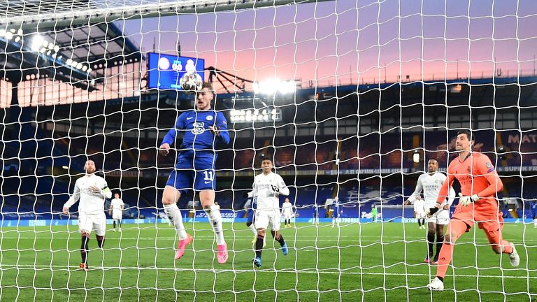 Timo Werner heads Chelsea in front against Real Madrid in the Champions League semi-final second leg