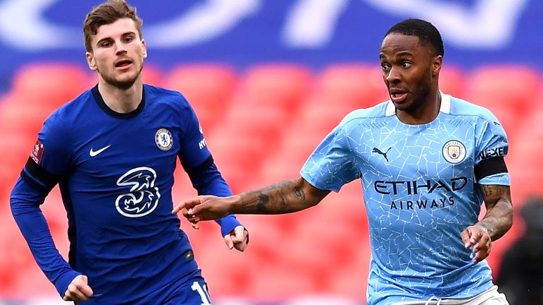 Chelsea's Timo Werner (left) and Manchester City's Raheem Sterling battle for the ball during the FA Cup semi final match at Wembley Stadium, London. Picture date: Saturday April 17, 2021.