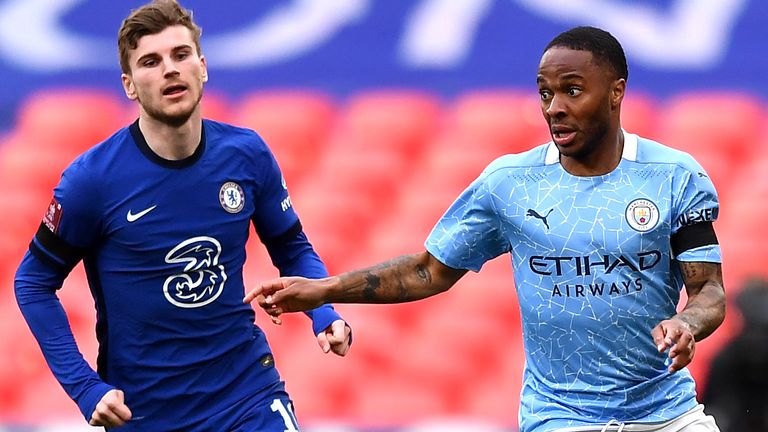 Chelsea&#39;s Timo Werner (left) and Manchester City&#39;s Raheem Sterling battle for the ball during the FA Cup semi final match at Wembley Stadium, London. Picture date: Saturday April 17, 2021.