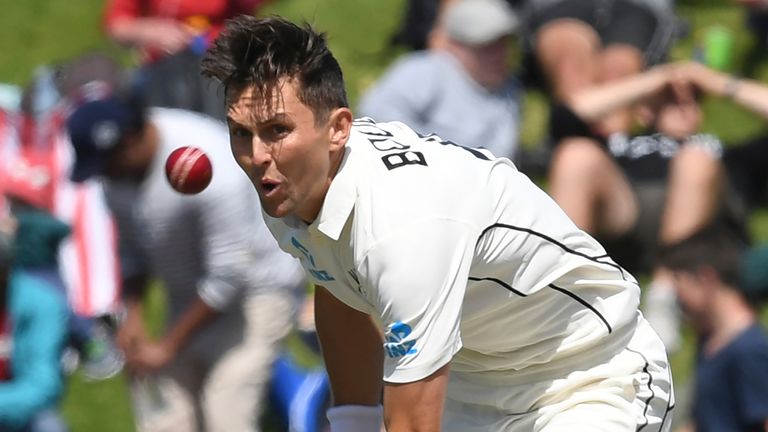 New Zealand...s Trent Boult bowling against India during the first cricket test between India and New Zealand at the Basin Reserve in Wellington, New Zealand, Sunday, Feb. 23, 2020. (AP Photo/Ross Setford)
