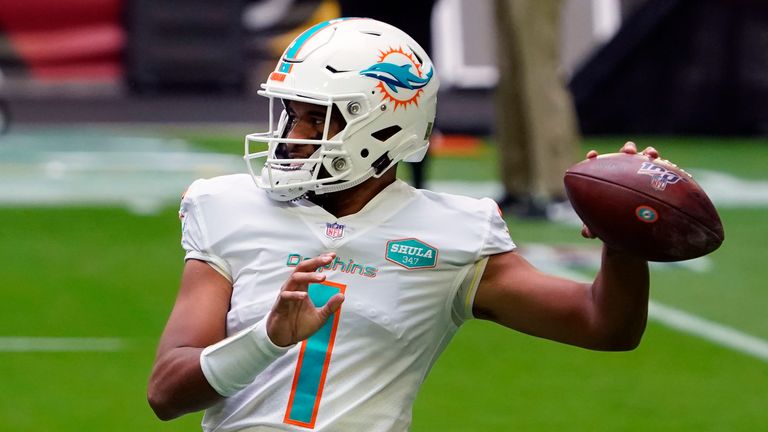 Tua looks for a teammate against the Cardinals. (Image: AP)