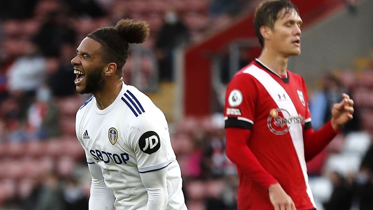 Tyler Roberts celebrates his late goal for Leeds