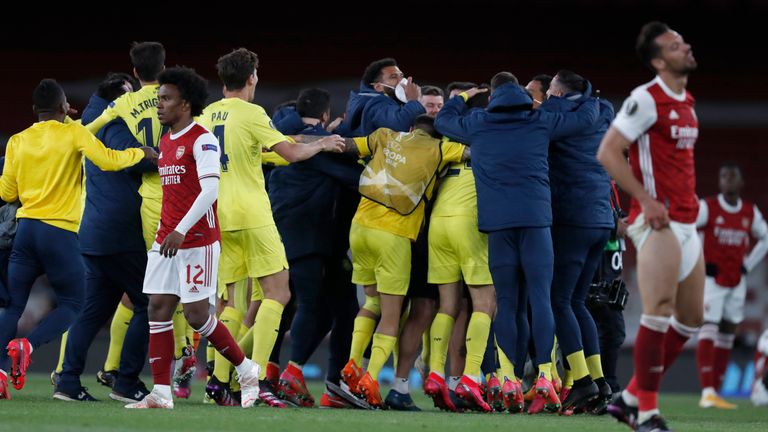 Villarreal players celebrate their Europa League victory over Arsenal