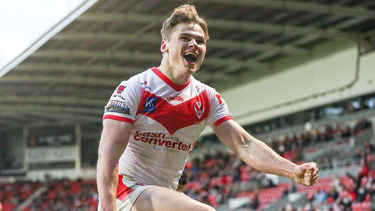 Picture by Paul Currie/SWpix.com - 28/05/2021 - Rugby League - Betfred Super League Round 8 - St Helens v Hull FC -  Totally Wicked Stadium, St Helens, England - St Helens' Jack Welsby celebrates scoring his hat trick try