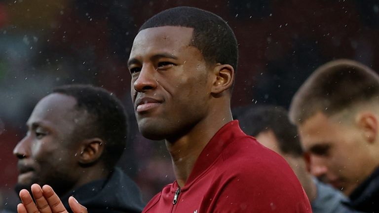 Liverpool's Georginio Wijnaldum applauds after the English Premier League soccer match between Liverpool and Crystal Palace at Anfield stadium in Liverpool, England, Sunday, May 23, 2021. (Phil Noble/Pool via AP)