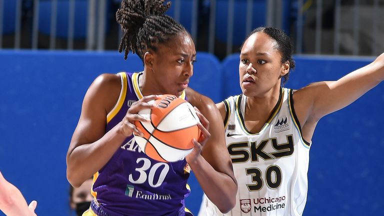 MAY 30: Nneka Ogwumike #30 of the Los Angeles Sparks handles the ball during the game against the Chicago Sky on May 30, 2021 at the Wintrust Arena in Chicago, Illinois. 