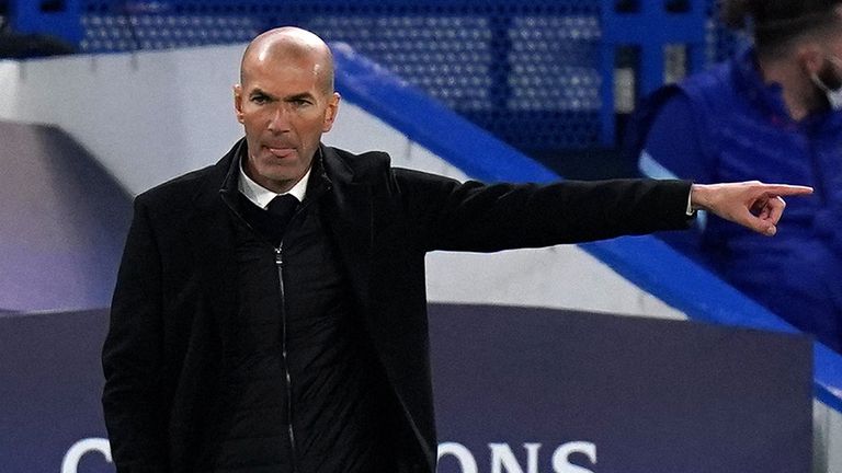 Real Madrid manager Zinedine Zidane gestures on the touchline during the UEFA Champions League Semi Final second leg match at Stamford Bridge, London. Picture date: Wednesday May 5, 2021.