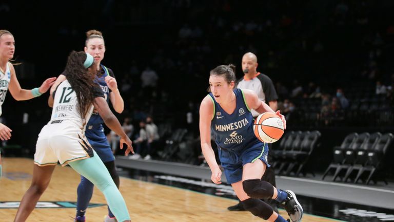 BROOKLYN, NY - MAY 18: Bridget Carleton #6 of the Minnesota Lynx drives to the basket during the game against the New York Liberty on May 18, 2021 at Barclays Center in Brooklyn, New York. NOTE TO USER: User expressly acknowledges and agrees that, by downloading and or using this Photograph, user is consenting to the terms and conditions of the Getty Images License Agreement. Mandatory Copyright Notice: Copyright 2021 NBAE (Photo by Steven Freeman/NBAE via Getty Images)
