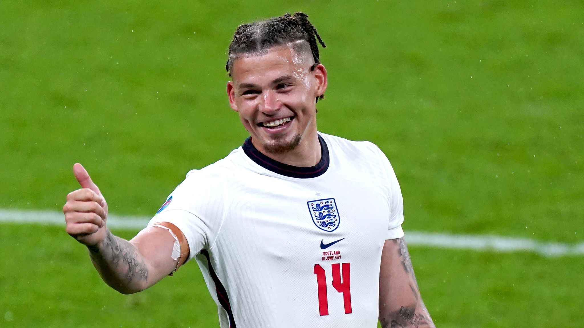  Kalvin Phillips celebrates scoring the first goal for England against Scotland with teammate Mason Mount looking on during the UEFA Euro 2020 group stage match at Wembley Stadium on 18th June 2021.