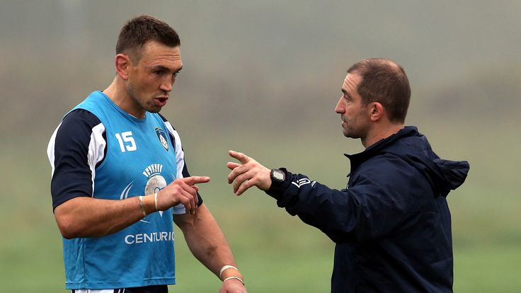 LEEDS, ENGLAND - NOVEMBER 04: New signing Kevin Sinfield (L) of Yorkshire Carnegie speaks with coach Bryan Redpath during a training session at Leeds Rugby Academy on November 4, 2015 in Leeds, England. (Photo by Nigel Roddis/Getty Images)