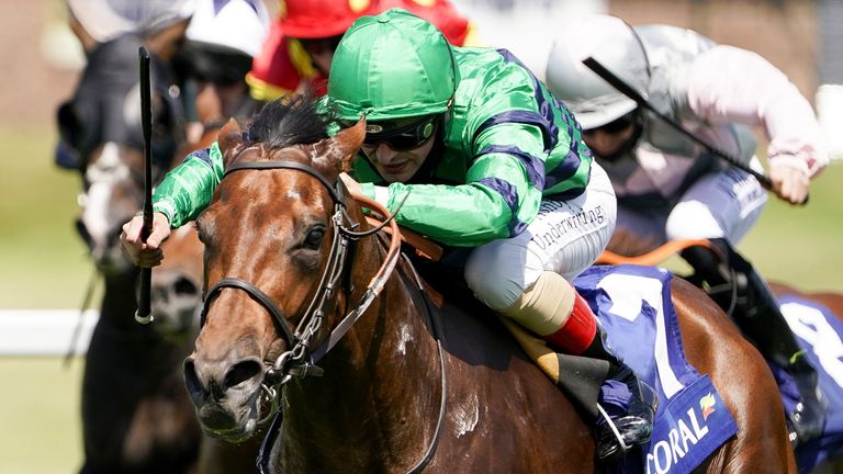 Andrea Atzeni riding Atalis Bay (green) win The Coral 'Beaten By A Length' Free Bet Scurry Stakes