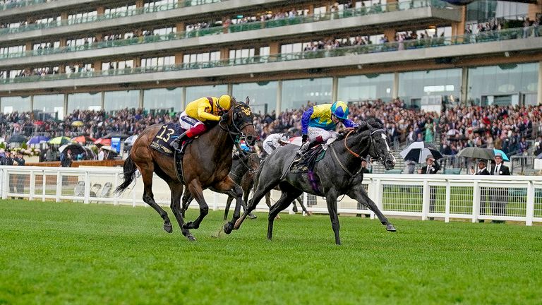 Dragon Symbol is first past the post in the Commonwealth Cup but Campanelle (near side) gets the race in the stewards' room