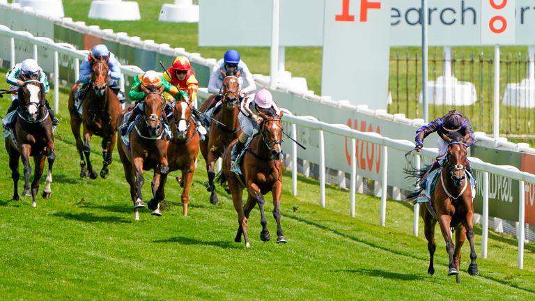 EPSOM, ENGLAND - JUNE 05: Oisin Murphy riding Parent's Prayer win The Princess Elizabeth Stakes at Epsom Racecourse on June 05, 2021 in Epsom, England. Due to the Coronavirus pandemic, only owners along with a limited number of the paying public will be allowed to attend the meeting. (Photo by Alan Crowhurst/Getty Images)