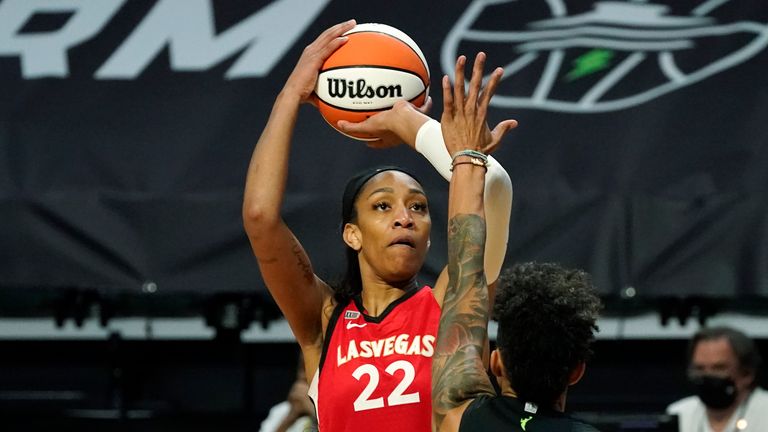 Las Vegas Aces&#39; A&#39;ja Wilson shoots the ball