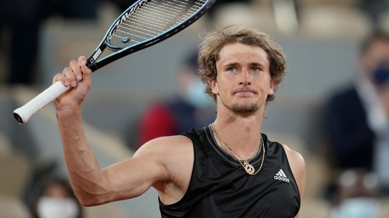 Germany's Alexander Zverev celebrates after defeating Serbia's Laslo Djere during their third round match on day 6, of the French Open tennis tournament at Roland Garros in Paris, France, Friday, June 4, 2021.