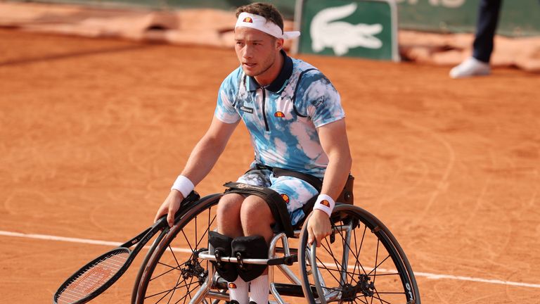 Alfie Hewett of Great Britain after winning his Men's Wheelchair Singles Quarter Final match against Joachim Gerard of Belgium on day six of the 2021 French Open at Roland Garros on June 04, 2021 in Paris, France. (Photo by Clive Brunskill/Getty Images)