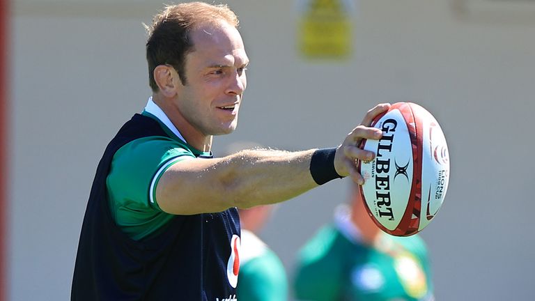 Lions captain Alun Wyn Jones issues instructions during the British and Irish Lions training session held at Stade Santander International stadium on June 14, 2021 in Saint Peter's, Jersey.