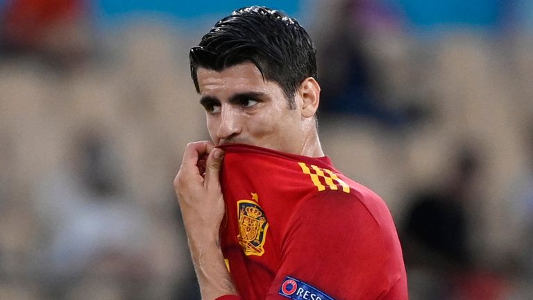 Spain's Alvaro Morata gestures during the Euro 2020  Group E match against Sweden