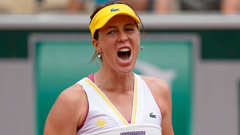 Russia's Anastasia Pavlyuchenkova reacts after winning a point against Belarus's Aryna Sabalenka during their third round match on day 6, of the French Open tennis tournament at Roland Garros in Paris, France, Friday, June 4, 2021. (AP Photo/Michel Euler)