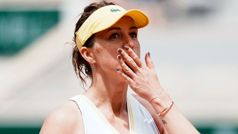 Russia's Anastasia Pavlyuchenkova celebrates after defeating Belarus's Victoria Azarenka during their fourth round match on day 8, of the French Open tennis tournament at Roland Garros in Paris, France, Sunday, June 6, 2021. (AP Photo/Thibault Camus)