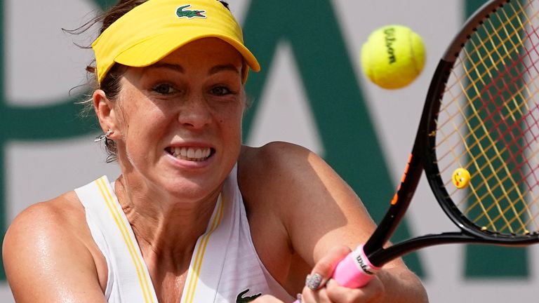 Russia's Anastasia Pavlyuchenkova returns the ball to Czech Republic's Barbora Krejcikova during their final match of the French Open tennis tournament at the Roland Garros stadium Saturday, June 12, 2021 in Paris. (AP Photo/Thibault Camus)