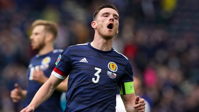 Andy Robertson is disappointing after seeing a shot saved in Scotland's Euro 2020 defeat to Czech Republic