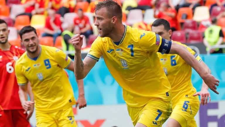 Andriy Yarmolenko celebrates after putting Ukraine ahead against North Macedonia in the Euro 2020 match