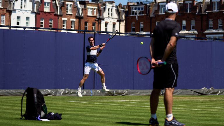 Andy Murray practices during a preview day ahead of the cinch Championship at the Queen's Club, London. Picture date: Sunday June 13, 2021.