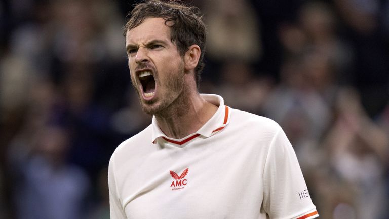 Andy Murray roars with delight after defeating Nikoloz Basilashvili in the Gentlemen's Singles first round on Centre Court on day one of Wimbledon at The All England Lawn Tennis and Croquet Club, Wimbledon. Picture date: Monday June 28, 2021.