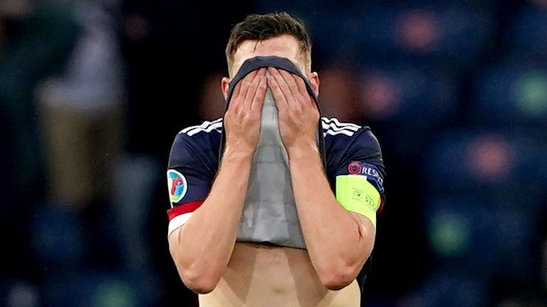 Scotland's Andrew Robertson looks dejected during the defeat to Croatia