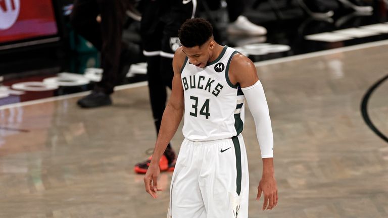 Milwaukee Bucks forward Giannis Antetokounmpo reacts against the Brooklyn Nets during the second half of Game 1 of an NBA basketball second-round playoff series