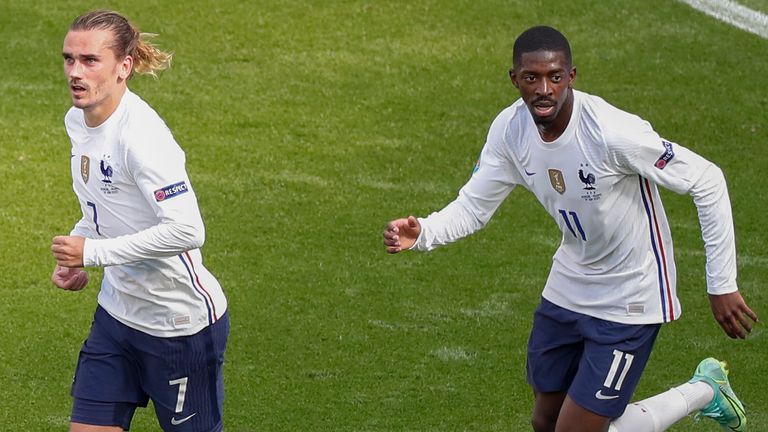 Antoine Griezmann celebrates after scoring for France vs Hungary