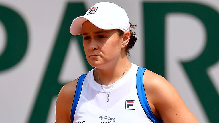 Ashleigh Barty of Australia looks on during her women's second round match against Magda Linette of Poland during day five of the 2021 French Open at Roland Garros on June 03, 2021 in Paris, France. (Photo by Aurelien Meunier/Getty Images)