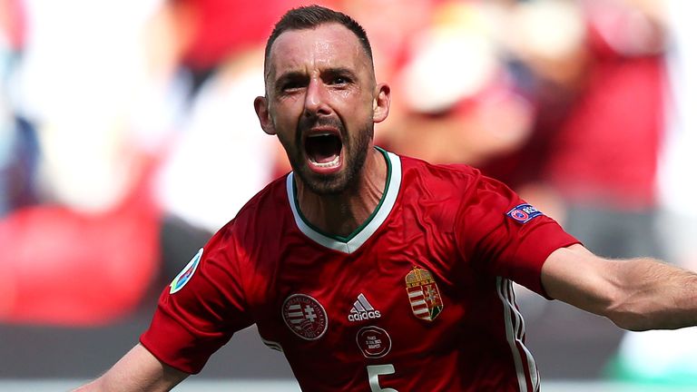 Hungary's Attila Fiola celebrates after scoring against France