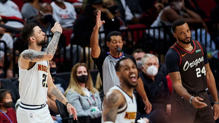 Denver Nuggets guard Austin Rivers reacts after making a 3-point basket against the Portland Trail Blazers during Game 6 of an NBA basketball first-round playoff series