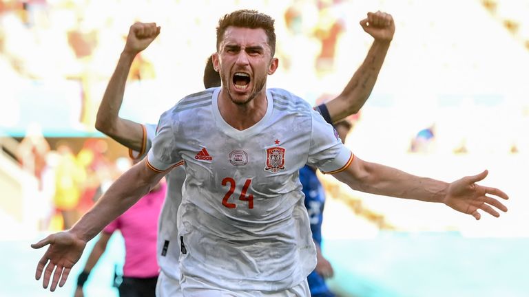 Aymeric Laporte celebrates his first goal for Spain 