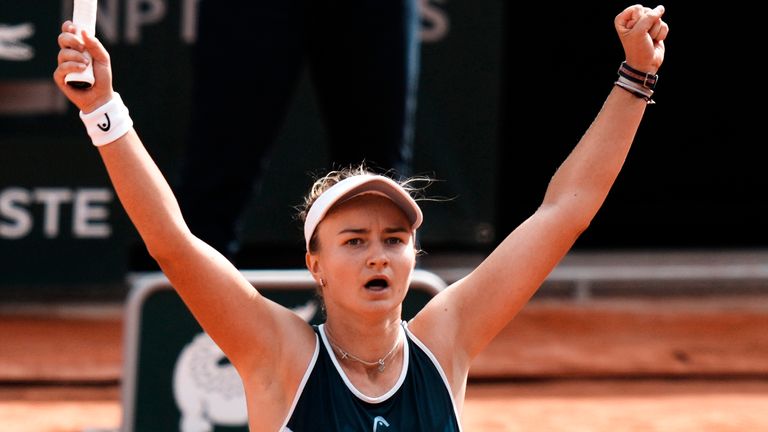 Czech Republic&#39;s Barbora Krejcikova reacts as she defeats Russia&#39;s Anastasia Pavlyuchenkova in their final match of the French Open tennis tournament at the Roland Garros stadium Saturday, June 12, 2021 in Paris. The unseeded Czech player defeated Anastasia Pavlyuchenkova 6-1, 2-6, 6-4 in the final. (AP Photo/Thibault Camus)